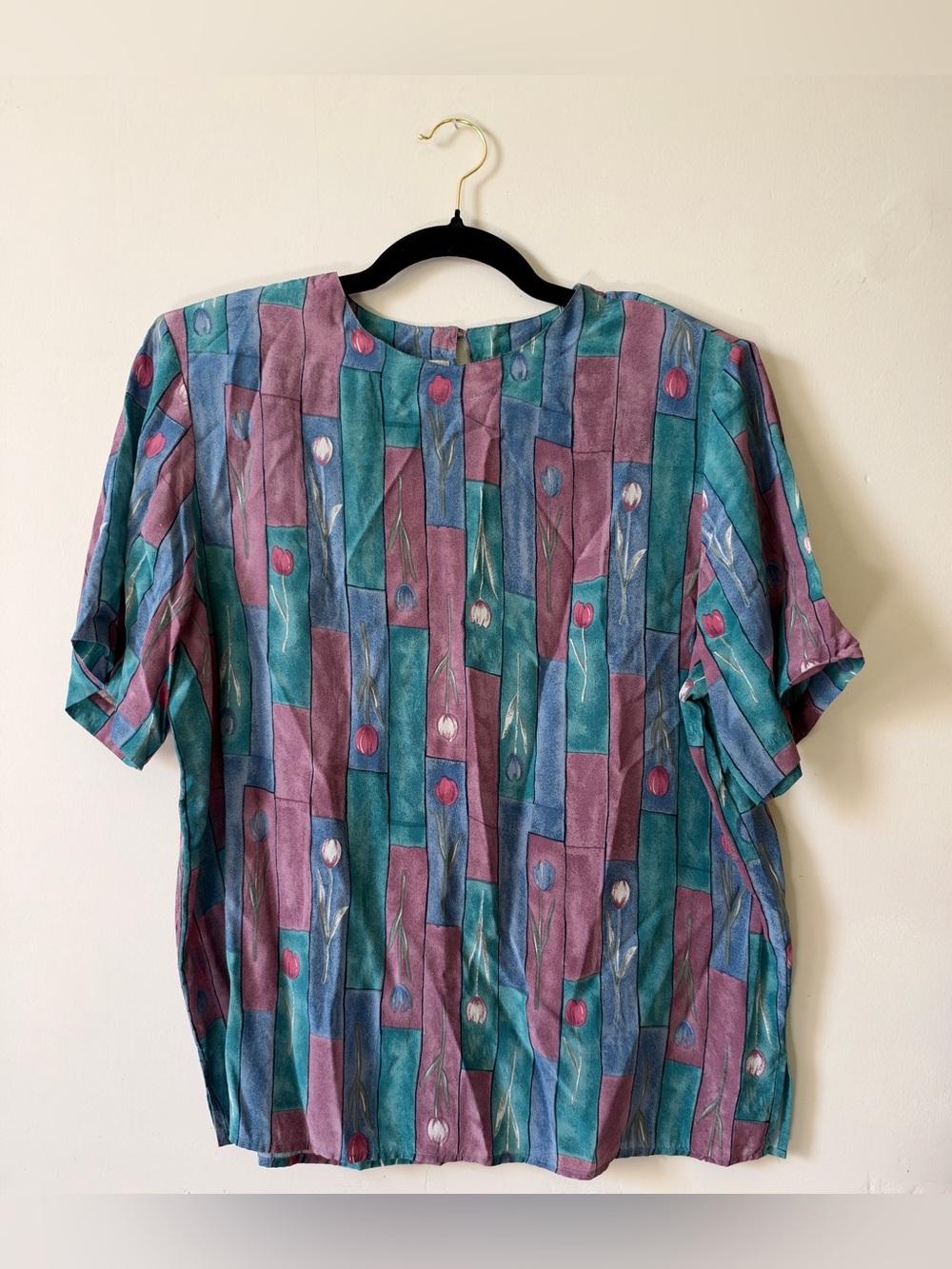 Vintage 90s Casual Corner Annex 100% Silk Blouse Tulip Floral Patchwork Boxy L